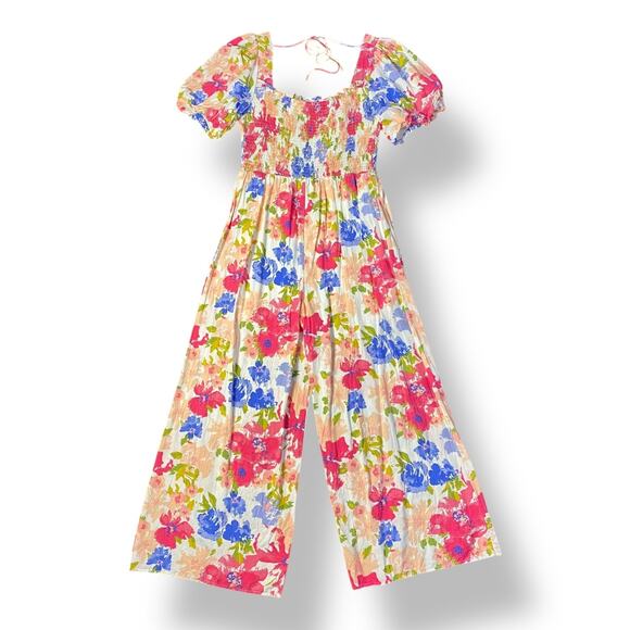 Skies are Blue Spring Summer Floral Short Sleeve Smocked Jumpsuit Size M Easter - Picture 7 of 11